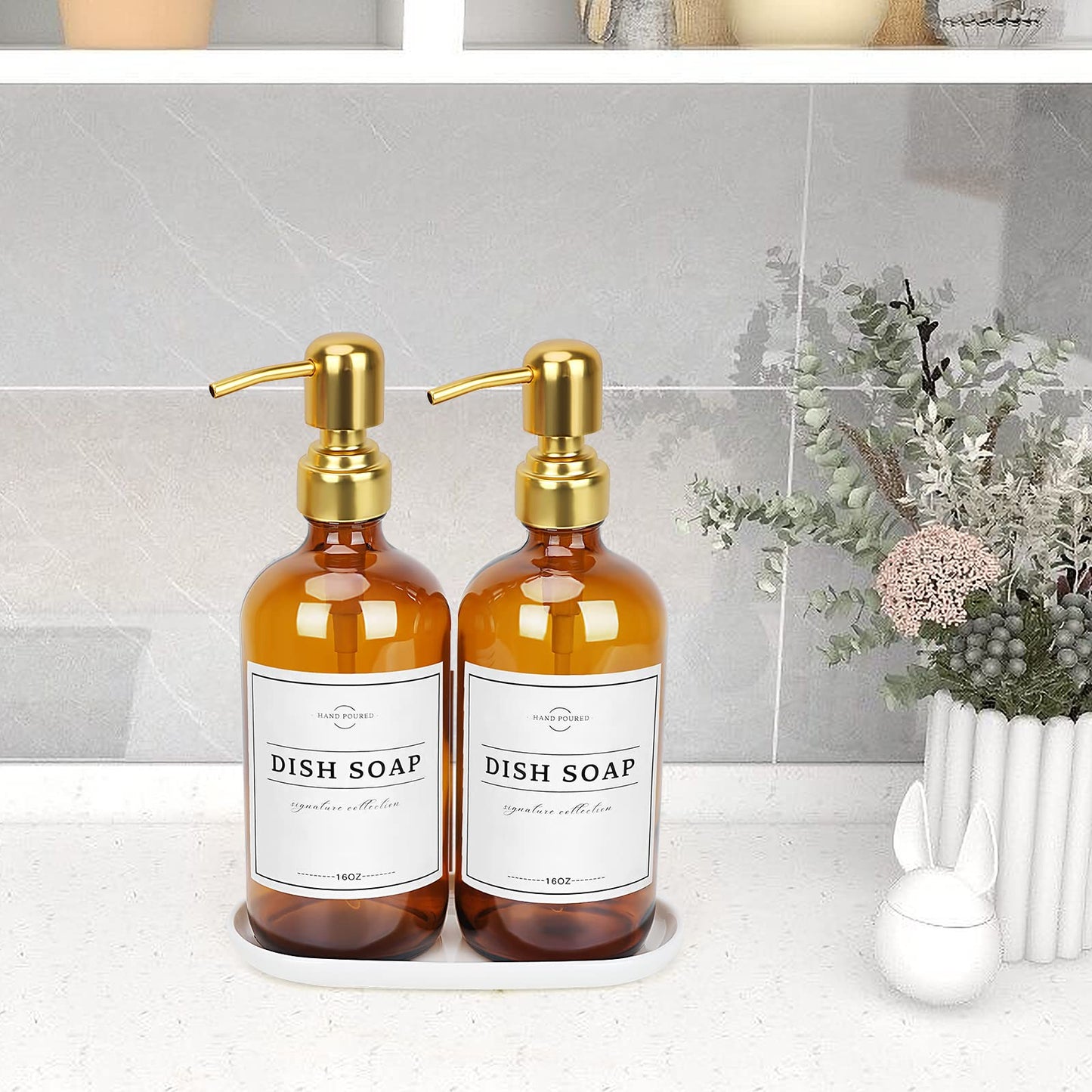 Glass Soap Dispenser with Pump and Tray - Refillable Amber Soap Dispenser Bottles Used for Hand Soap, Dish Soap, Lotion - Vintage Soap Dispenser Bathroom and Kitchen Set (Amber Bottles; Gold Pumps)