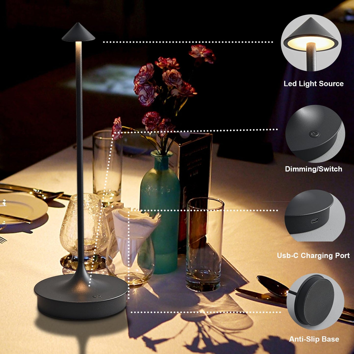 LJXiioo Cordless Table Lamps Rechargeable, LED Desk Lamp 4000mAh Battery Operated Outdoor Waterproof Portable Touch Dimmable Table Light for Patio/Restaurant/Bar/Indoor (Black-2PC)