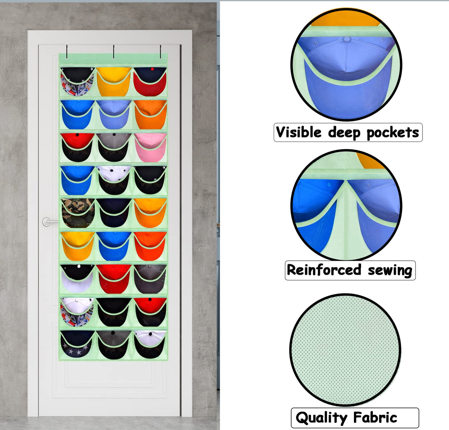 KHIKILY Baseball Hat Rack, 24 Pocket Over-The-Door Cap Organizer with Clear Deep Pockets Wall Mount Bag for Baseball Caps and Hats (Black)