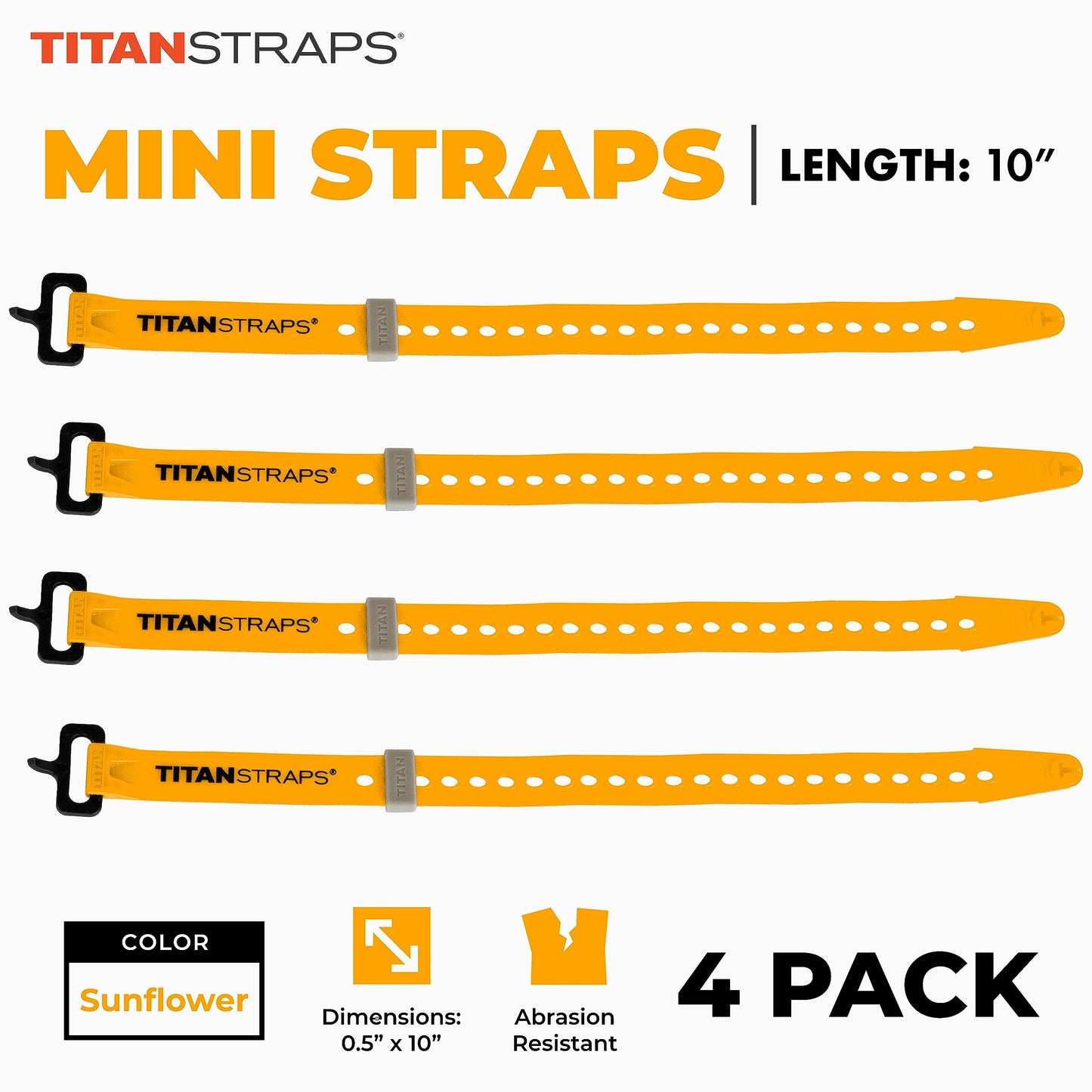 Titan Utility Straps – Mini Straps Set to Organize Computer Cables, Arts & Crafts, and Fishing Rods (10" Length / 4-Pack, Sunflower)