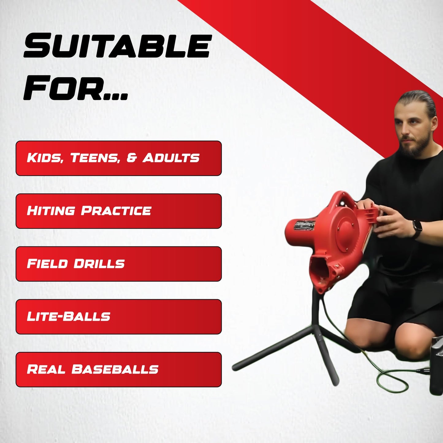 Heater Power Alley Pro Real Baseball Machine - Adjustable Design, Pitches Real Baseballs Up to 45 MPH, Accurate and Portable Training Tool for Batting, Pitching, and Field Practice