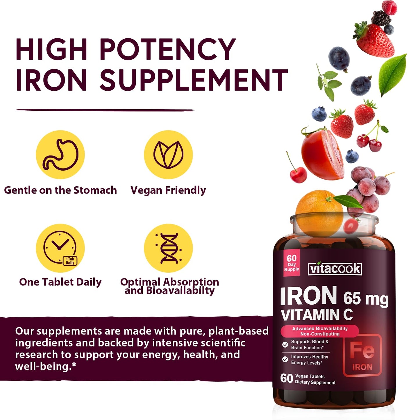 Vitacook Iron Supplement for Women Men, High Potency Iron 65mg with Vitamin C 250mg, Slow Release Stomach Friendly Iron Pills for Red Blood Cell & Immune Support, Non-GMO, Gluten Free, 60 Vegan Tabs