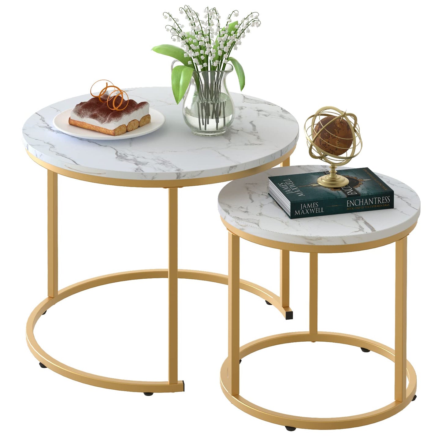 aboxoo Coffee Table Nesting White Set of 2 Side Set Golden Frame Circular Round and Marble Pattern Wooden Tables, Living Room Bedroom Apartment Modern