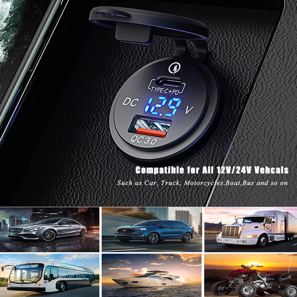 GemCoo 63W USB C Car Charger Socket, 45W PD Outlet 18W Quick Charge 3.0 USB Charger Socket, USB Cigarette Lighter Socket with LED Voltmeter Car USB Port 12V Socket for Car RV Boat Marine Truck Golf