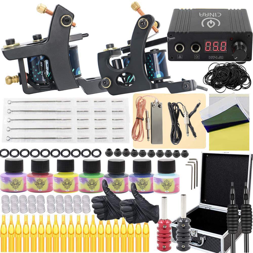 Tattoo Kit, CINRA 143Pcs Complete Coils Tattoo Machine Kit Coils Machine Gun with Power Supply Foot Pedal Ink Needles