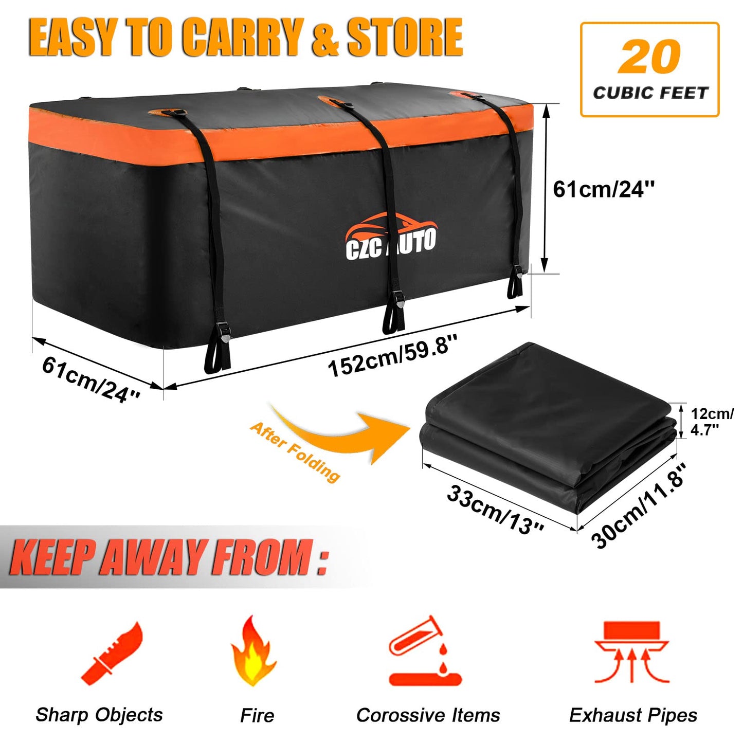 CZC AUTO Hitch Cargo Carrier Bag, 20 cu. ft Waterproof/Rainproof/Weatherproof Cargo Traveling Bag for Car Truck SUV Vans' Hitch Tray and Hitch Basket, Safe Steady Durable Soft, Black-Orange
