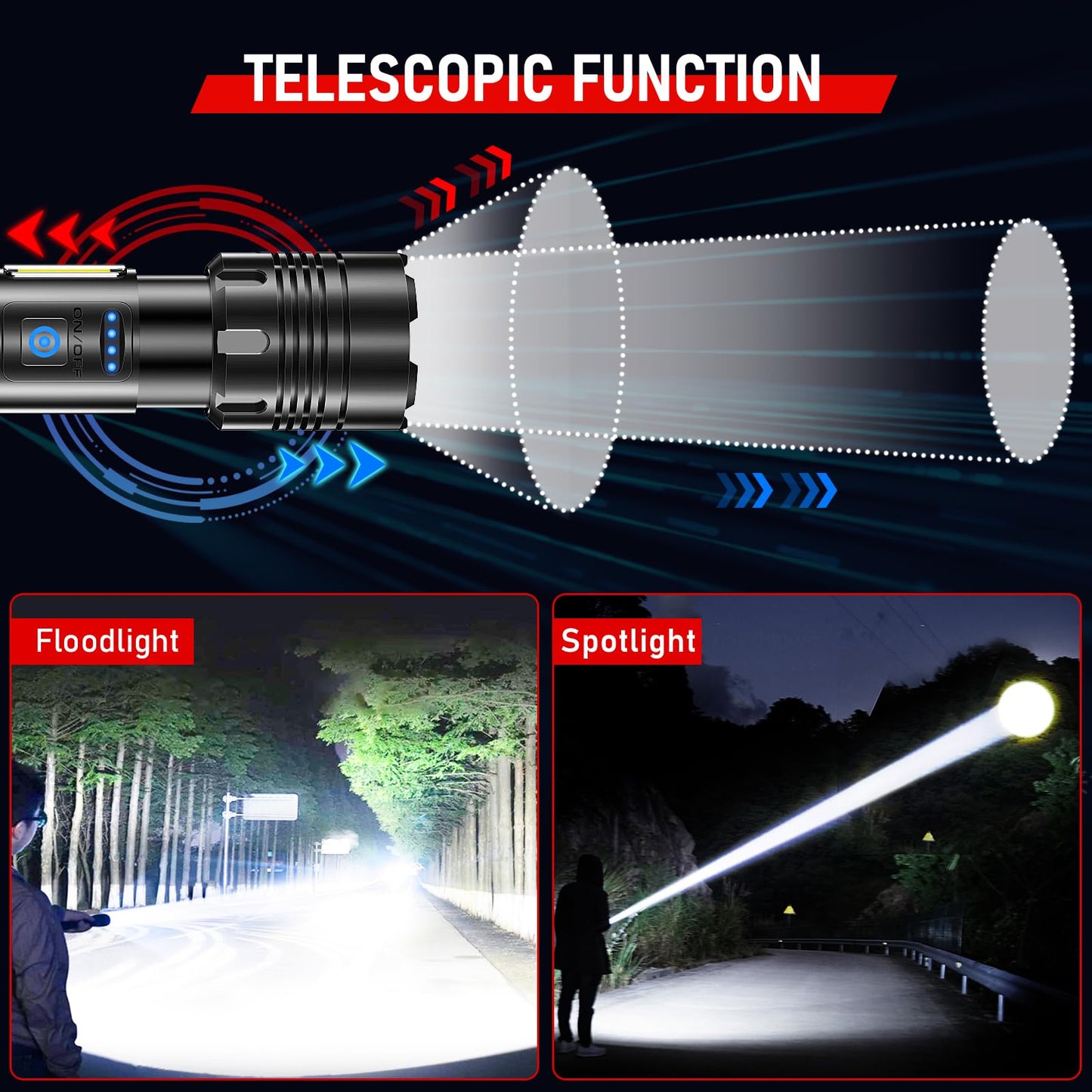 Shadowhawk Rechargeable Flashlights High Lumens, 1000000LM XHM90.2 30W LED Flash Light with COB Light, 7 Modes Super Bright Flashlight Battery Powered, Handheld Powerful Flashlight for Home, Emergency