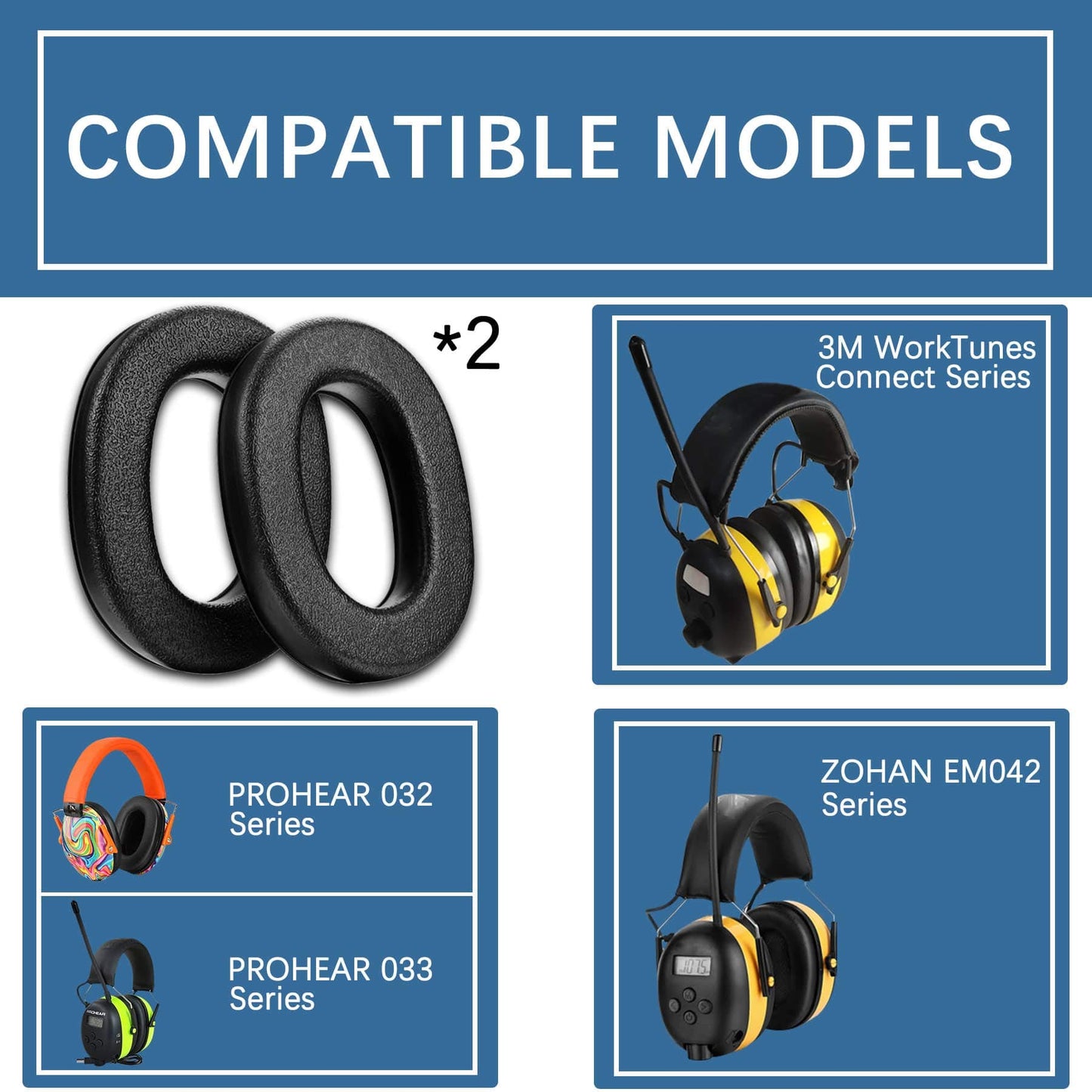 PROHEAR FEP01 Replacement Foam Ear Pads (Upgraded) for 3M WorkTunes Connect(90543, 90544, 90542, 90541), ZOHAN EM042 Radio Headphone (fep01 2 Pair)