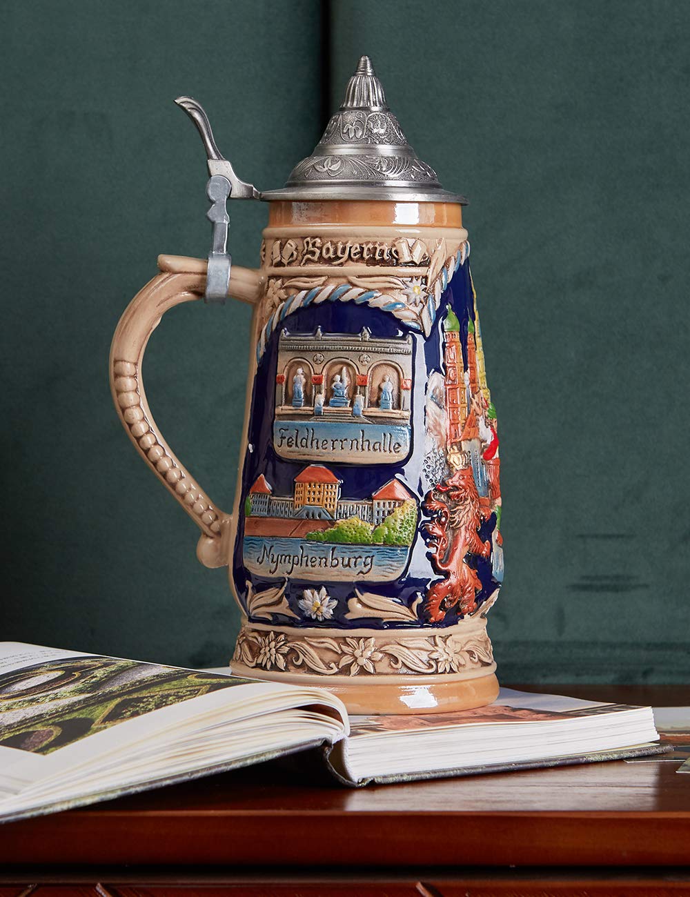 HAUCOZE Beer Stein Mug German Munich Bavarian Drinking Stanley Viking Tankard with Petwer Lid for Birthday Gifts Men Father Husband 1.0Liter