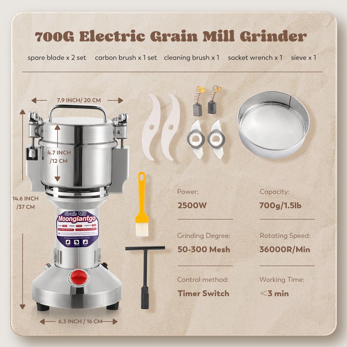 Moongiantgo Grain Mill Grinder Electric 700g Commercial Spice Grinder 2500W Stainless Steel Pulverizer Dry Grinding Machine for Wheat Corn Rice Pepper Herbs Coffee Beans (700g Upright, 110V)