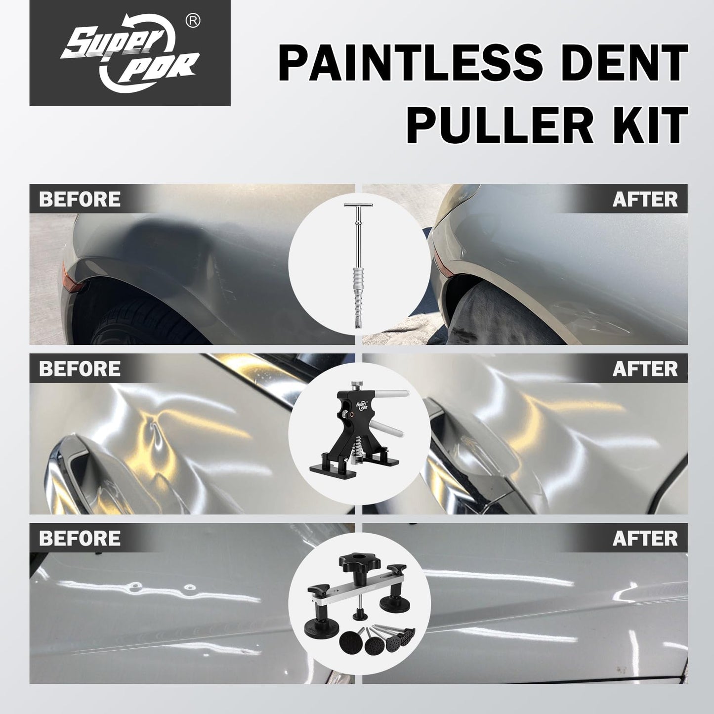 Super PDR Car Dent Puller, Paintless Dent Removal Kit Dent Remover Tool for Car with Slide Hammer T-bar Dent Puller, PDR Light for Hail Damage & Appliance Dent Body Repair Dent Removal Tools