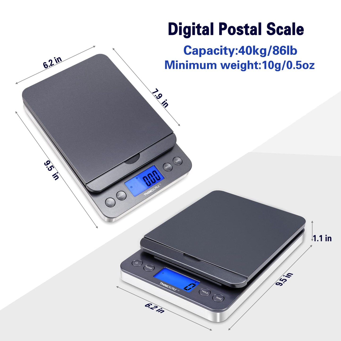 THINKSCALE Shipping Scale, 86lb/0.1oz Postal Scale with Hold and Tare, Scale for Packages, LCD Display, Postage Scale, Mail Scale, Shipping Scale for Small Business, Batteries & AC Adapter