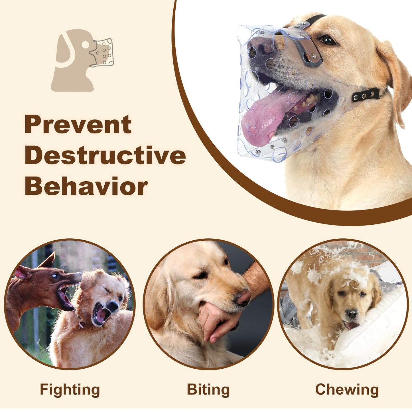 Mayerzon Dog Muzzle, Basket Muzzle for Large Medium Small Dogs, Humane Cage Mouth Guard to Prevent Biting Chewing Eating, Breathable Muzzle for Grooming Training Walking Vet Visits (M, Clear)