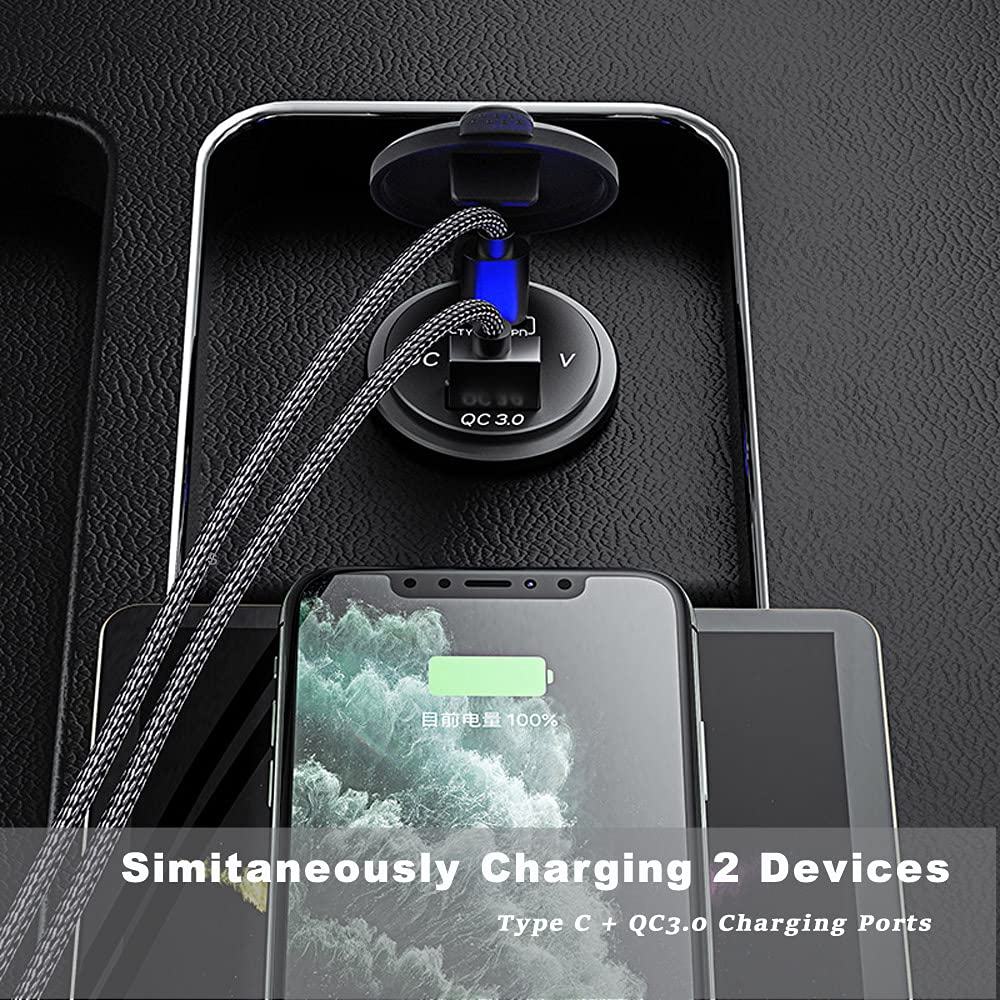 GemCoo 63W USB C Car Charger Socket, 45W PD Outlet 18W Quick Charge 3.0 USB Charger Socket, USB Cigarette Lighter Socket with LED Voltmeter Car USB Port 12V Socket for Car RV Boat Marine Truck Golf