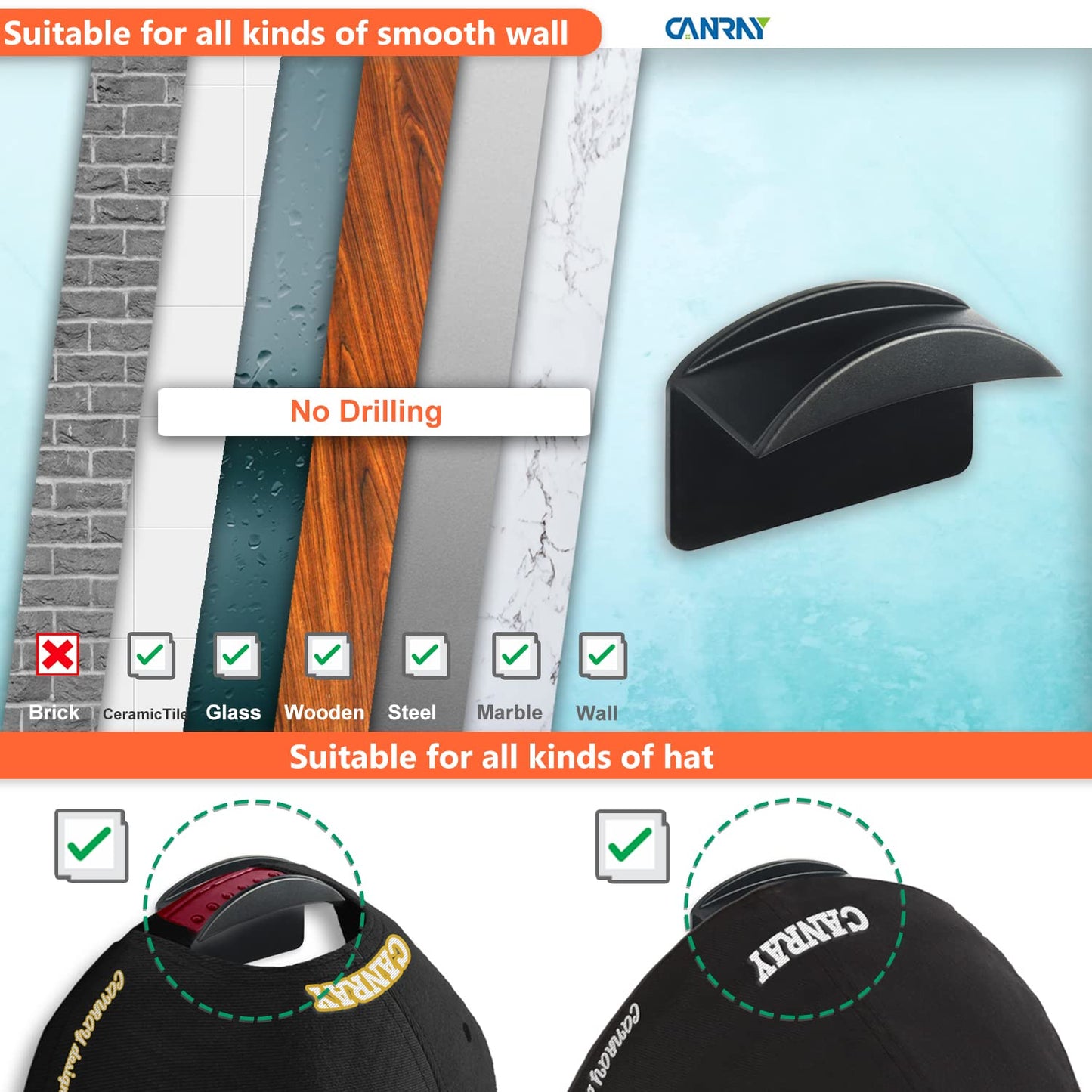 CANRAY Adhesive Hat Hooks for Baseball Caps Cap Holder for Wall Mount, Hat Rack Organizer | No Drilling | Stick On | 10-Pack (Black)