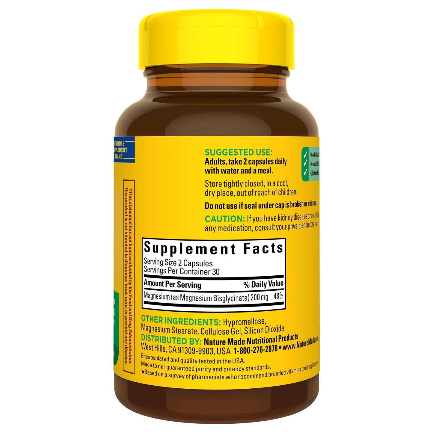 Nature Made Magnesium Glycinate 200 mg per Serving, Magnesium Supplement for Muscle, Heart, Nerve and Bone Support, 60 Magnesium Bisglycinate Capsules, 30 Day Supply