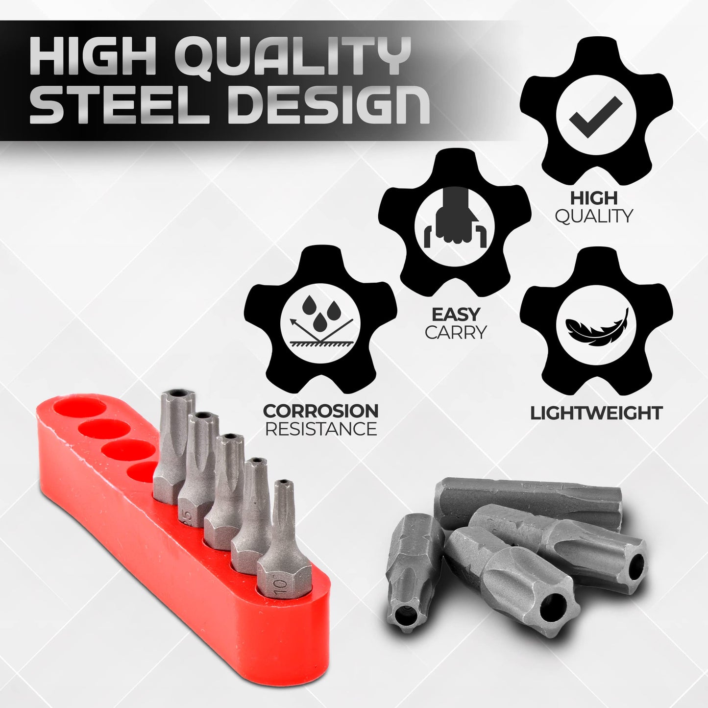 RAMPRO 9Pc Torx Star 5 Point, Security Tamper Proof, Driver Bit Set- T10, 15,20,25,27,30,40,45,50- Multifunction Damage/Shear Resistant Hollow Torque Kit