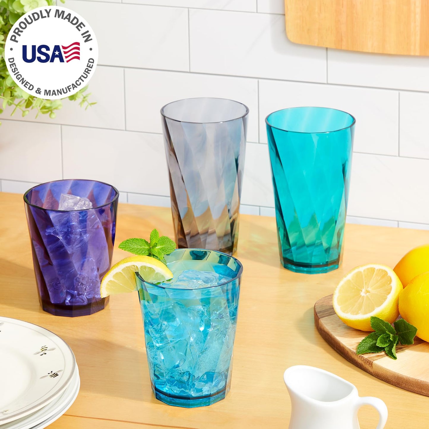 US Acrylic Optix Plastic Reusable Drinking Glasses (Set of 16) 14oz Rocks & 20oz Water Cups in Coastal Colors | BPA-Free Tumblers, Made in USA | Top-Rack Dishwasher Safe