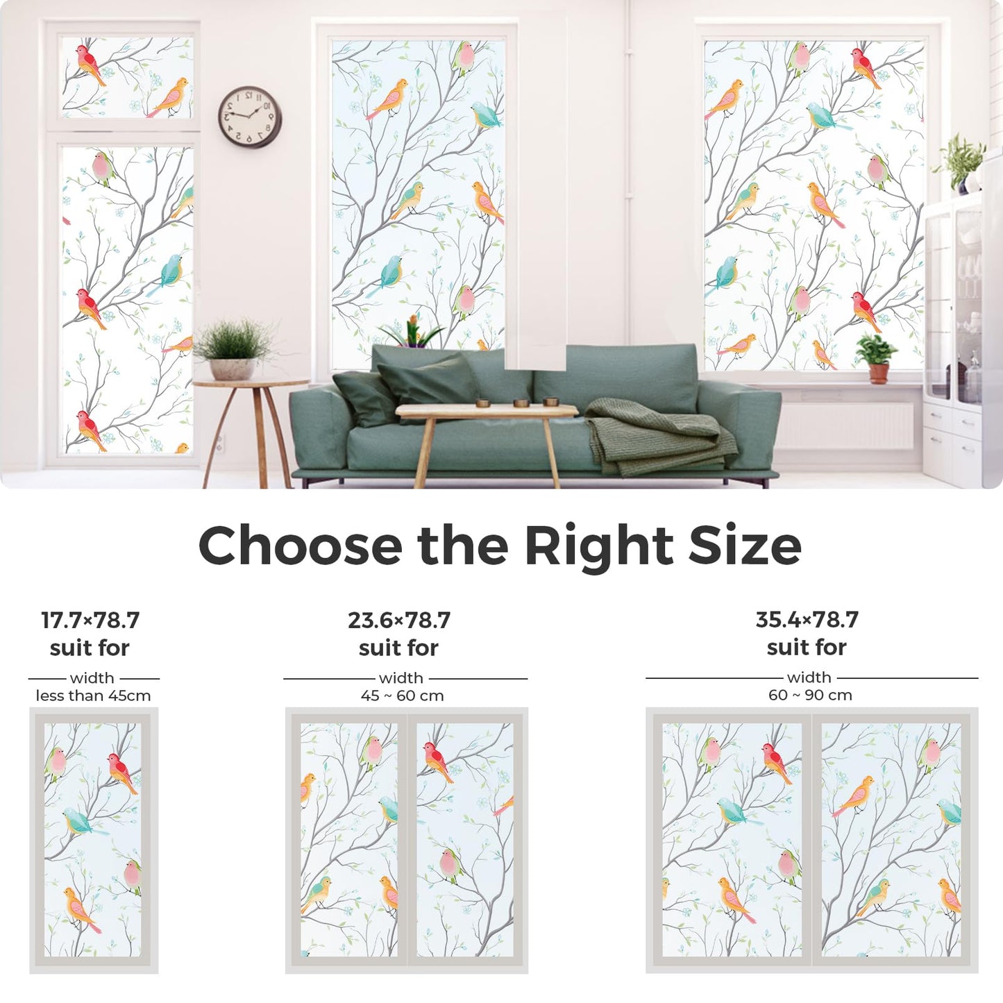 Coavas Window Privacy Film Decorative Bird Stained Glass Window Film Bathroom Frosted Glass Window Cling Privacy Film Heat Blocking Static Cling Day and Night Home Door Window Coverings 17.5" x 78.7"