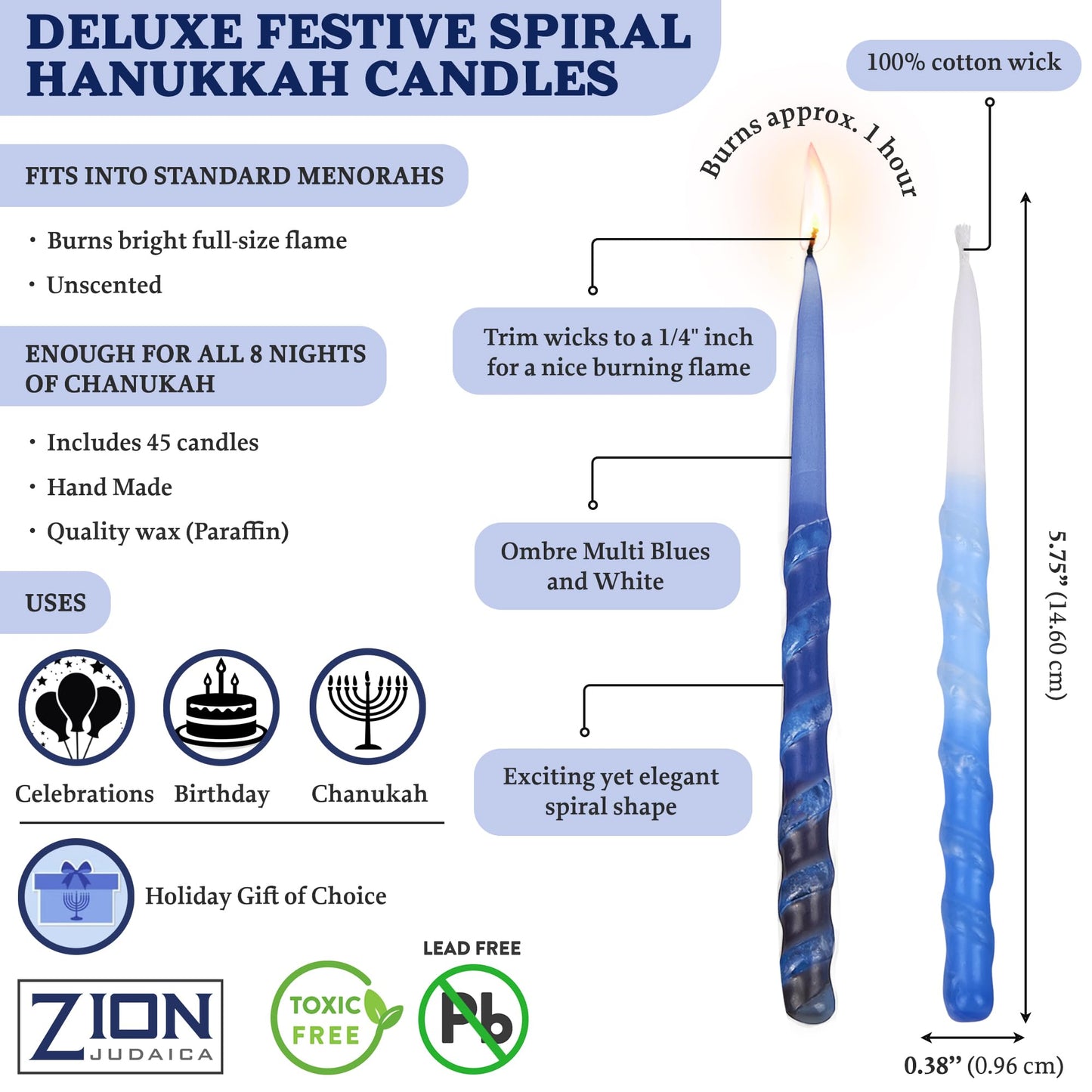 Zion Judaica Ltd Set of 45 Dripless Hanukkah Candles Spiral Candle Includes a DIY Dreidel, Prayer Card, Standard Size Menorah Candles for Eight Nights of Chanukah, Multi Tone Blue and White Ombre
