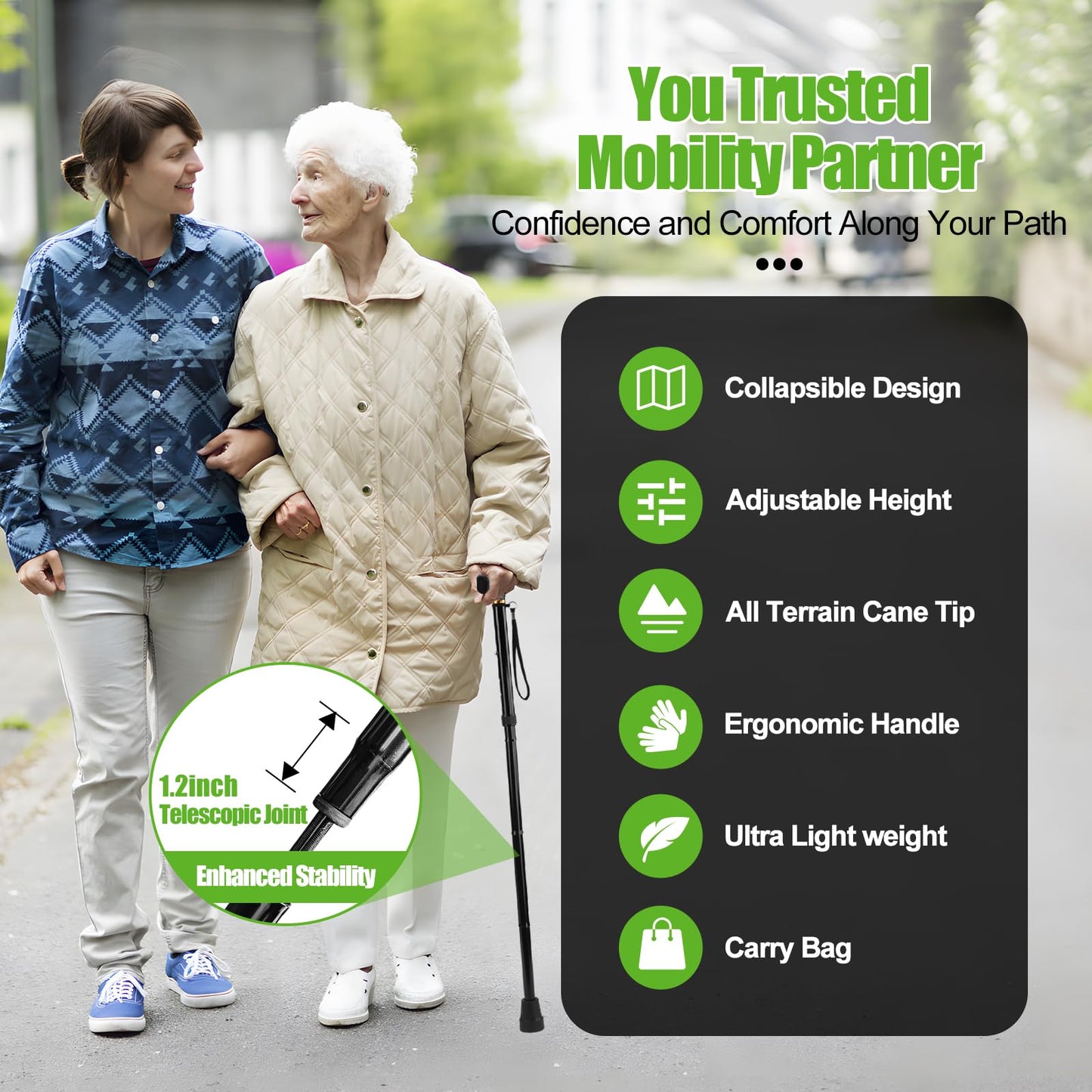 Ez2care Walking Stick- Adjustable Lightweight Walking Cane, Collapsible Portable Mobility Aids for Seniors, Adults, Disabled, Elderly, Foldable Travel Walking Stick for Men and Women(Black)