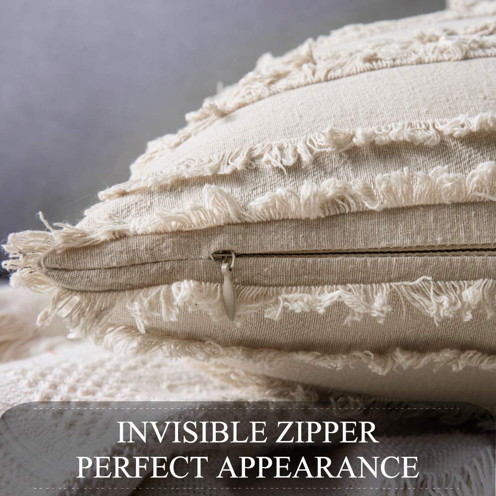 MIULEE Set of 2 Decorative Boho Throw Pillow Covers Linen Striped Jacquard Pattern Cushion Covers for Sofa Couch Living Room Bedroom 18x18 Inch Beige