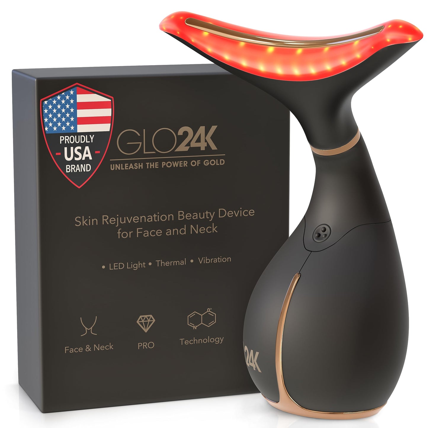 GLO24K Red Light Beauty Device for Face and Neck. Based on Triple Action L E D, Thermal, and Vibration Technologies.