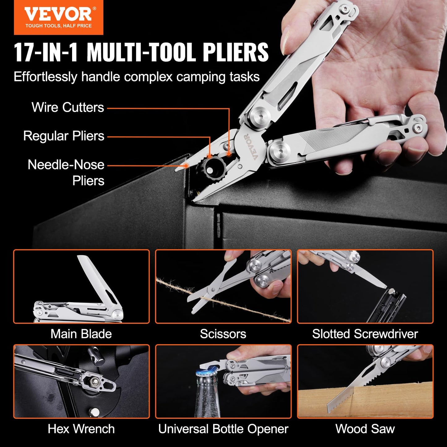 VEVOR 29-in-1 Multitool Pliers,Stainless Steel Multi Tool Pocket K-nife,Self-locking Multitool Pliers with Sheath & Replaceable Screwdrivers Bits -Perfect for Outdoor Survival, Camping, Hiking