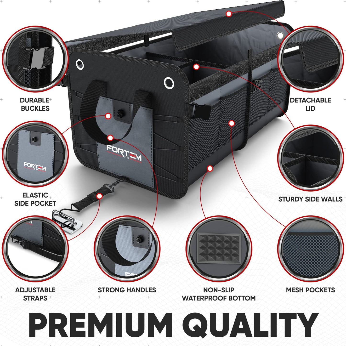 FORTEM SUV Trunk Organizer, Car Organizer, Collapsible Multi-Compartment Storage Bag for Car Accessories for Women Men, Non Slip Bottom, Adjustable Straps, Soft Cover 65L (Large, Grey)