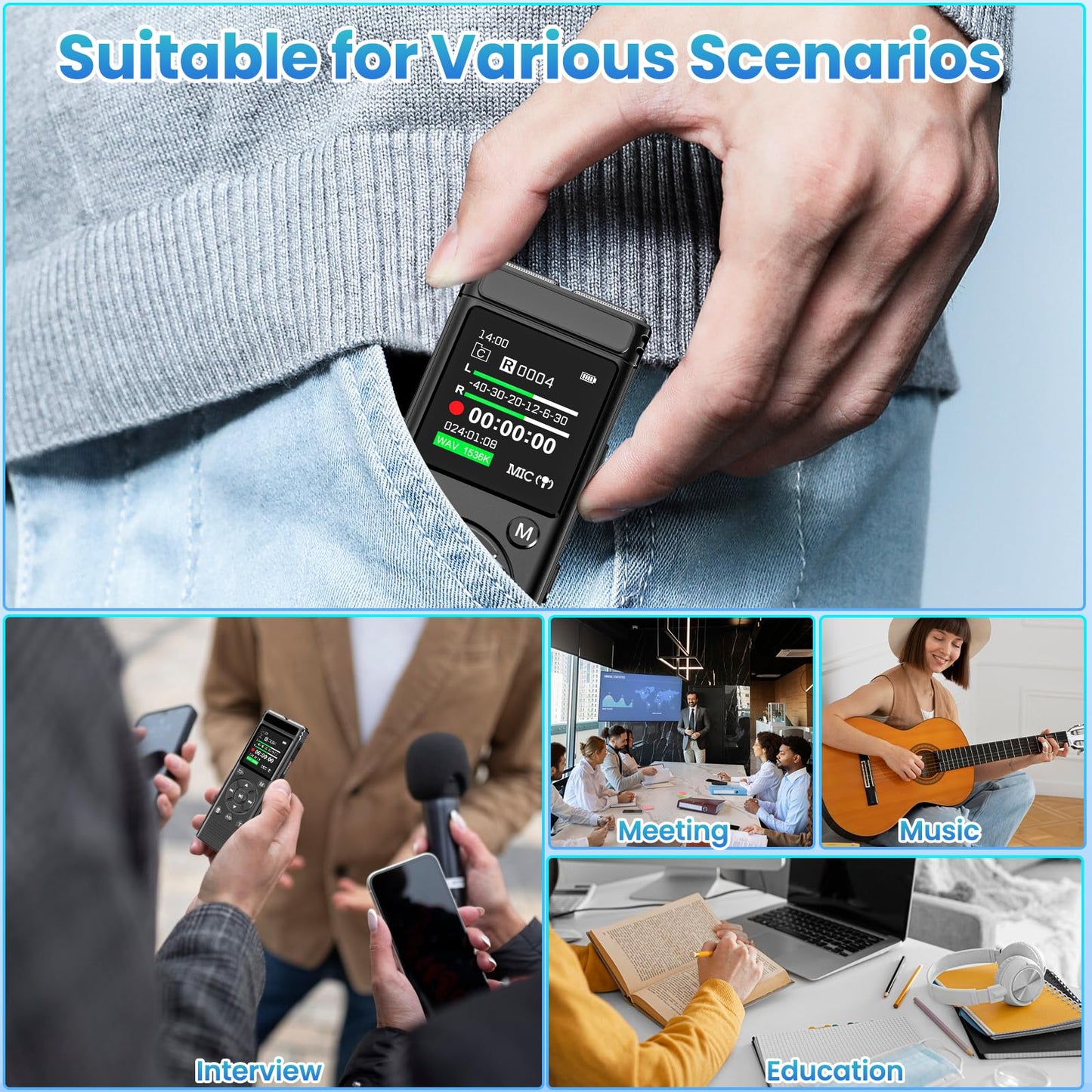 136GB Digital Voice Recorder with Playback,9000 Hours Audio Recording Device,Voice Activated Recorder with Noise Reduction,A-B Repeat,Mp3 Player
