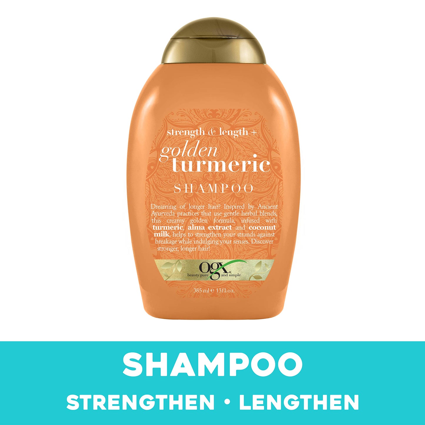 OGX Strength Length + Golden Turmeric Shampoo with Milk to Soothe Scalp Nourish Hair Ayurveda SulfateFree Surfactants for Stronger Longer Hair, Coconut, 13 Fl Oz