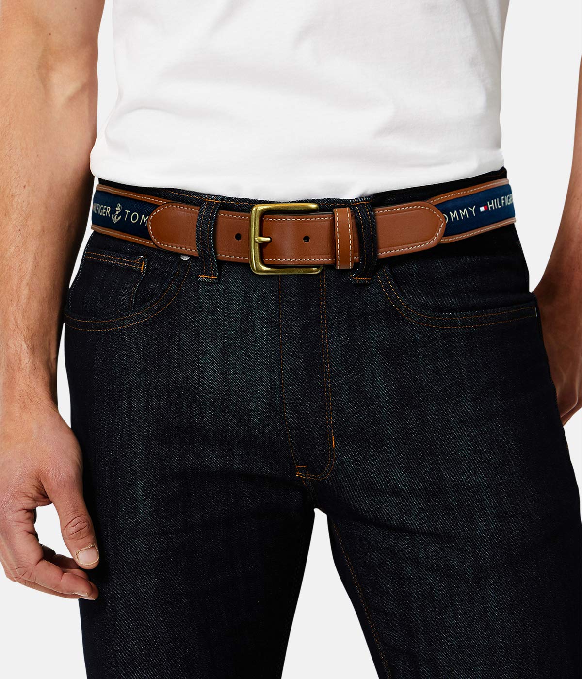 Tommy Hilfiger Men's Ribbon Inlay Belt - Ribbon Fabric Design with Single Prong Buckle, Black/Navy, 32