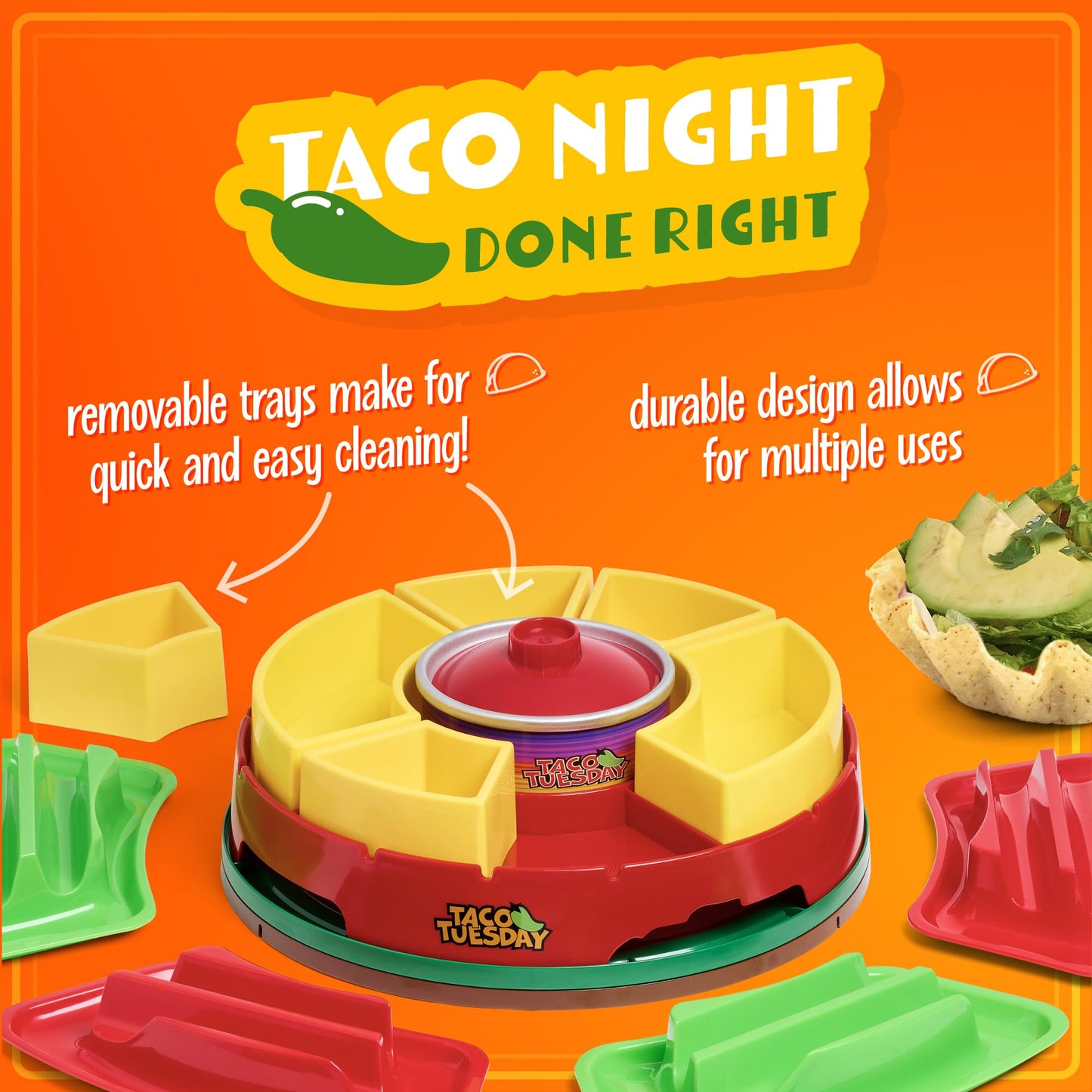 Nostalgia Taco Tuesday Heated Lazy Susan Taco Bar Serving Set for a Party with 4 Tortilla Holders, Fondue Pot for Burritos, Nachos, and Fajitas - 20 Oz. - Red
