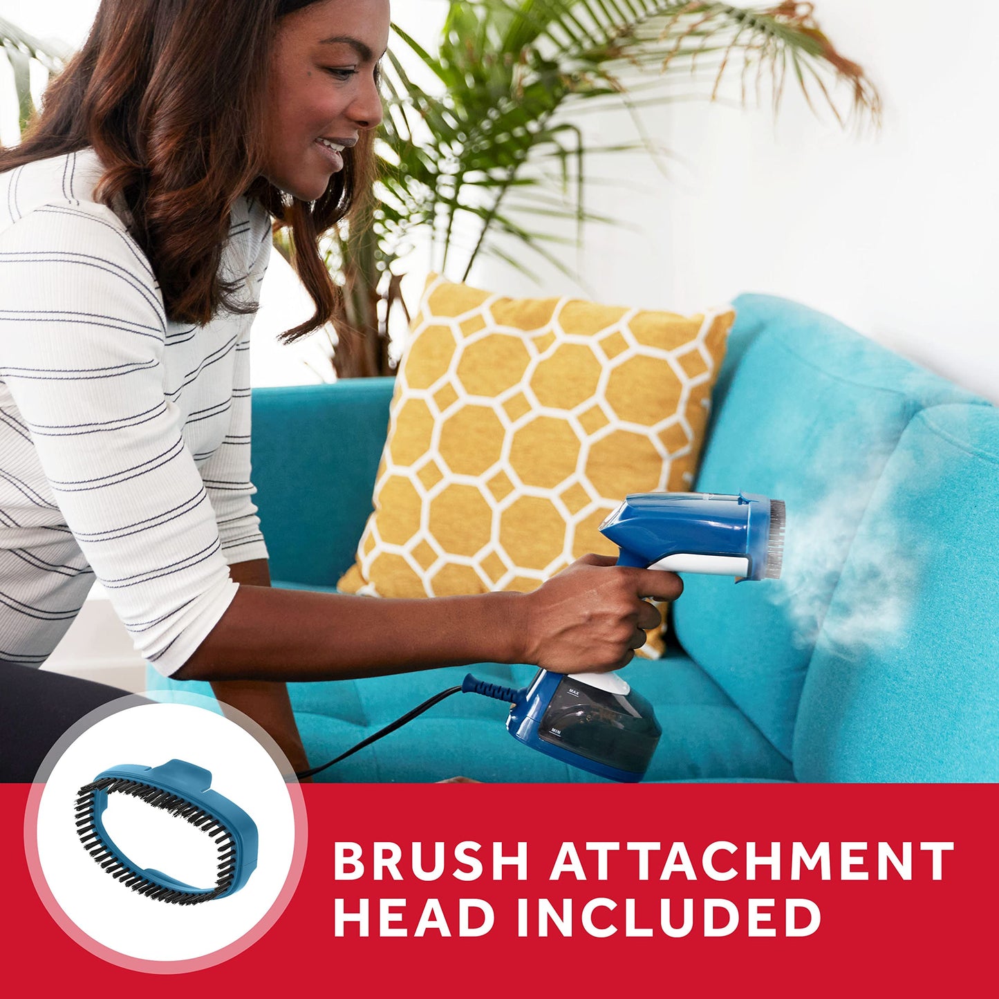 Sunbeam 1200W Steam Burst Handheld Steamer for Clothes, Dual Steam Settings, 30-Second Fast Head-Up, Bristle Brush Attachment, White and Blue Finish