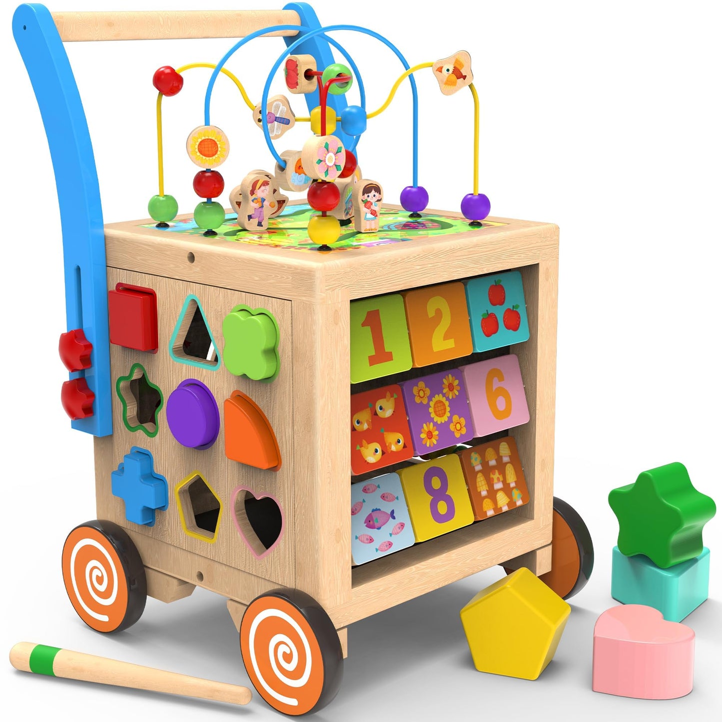 WOODMAM 9-in-1 Wooden Activity Cube | Wooden Baby Walker, Sit-to-Stand Learning Walker Activity Center, Early Educational Push & Pull Toys for Baby Toddler Boys Girls, Height & Brake Adjustable