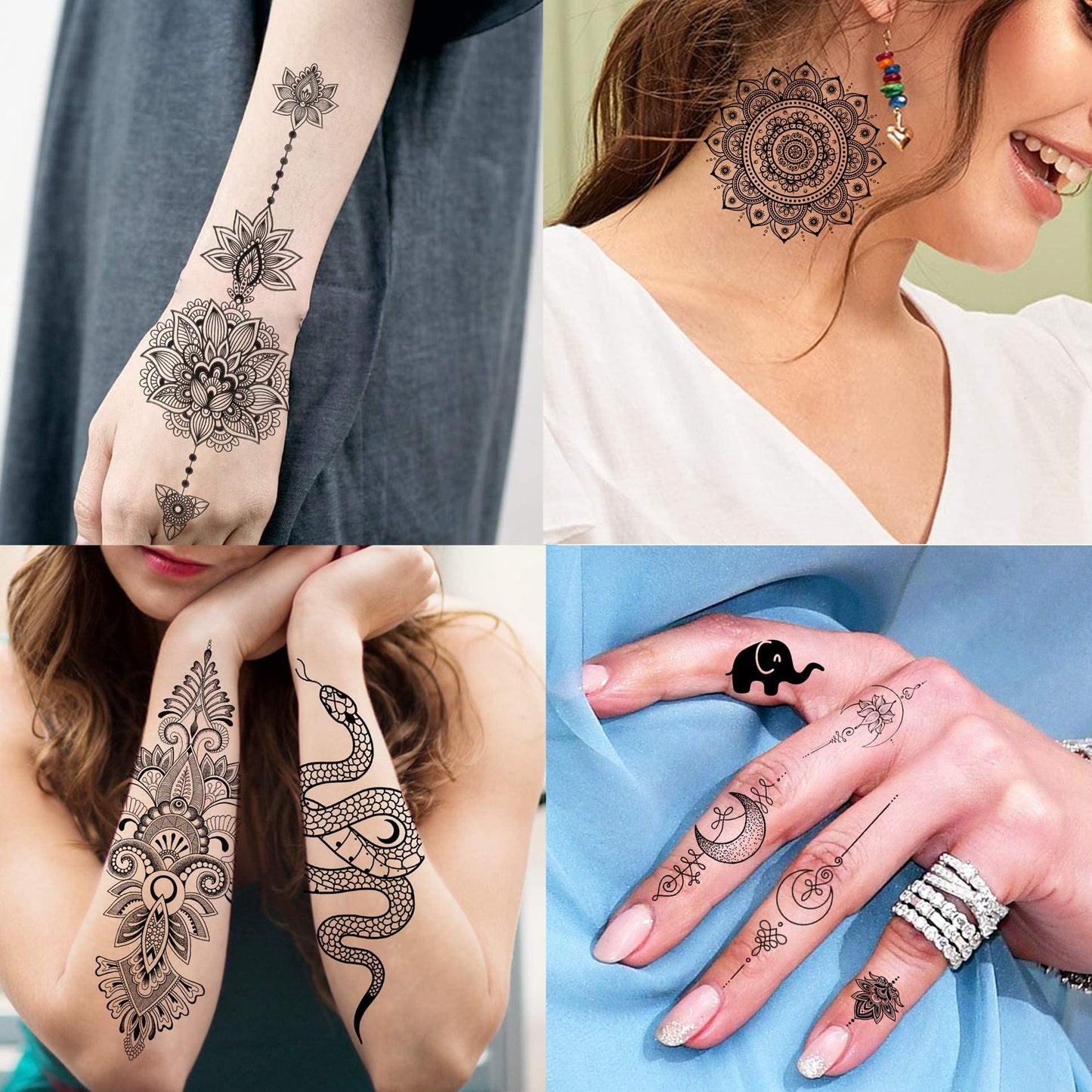 30 Sheets Black Lotus Temporary Tattoos for Women Adults Girls Arm, Vintage Tribal Elephant Wolf Snake Turtle Fake Tattoo Sticker Mandala Flower