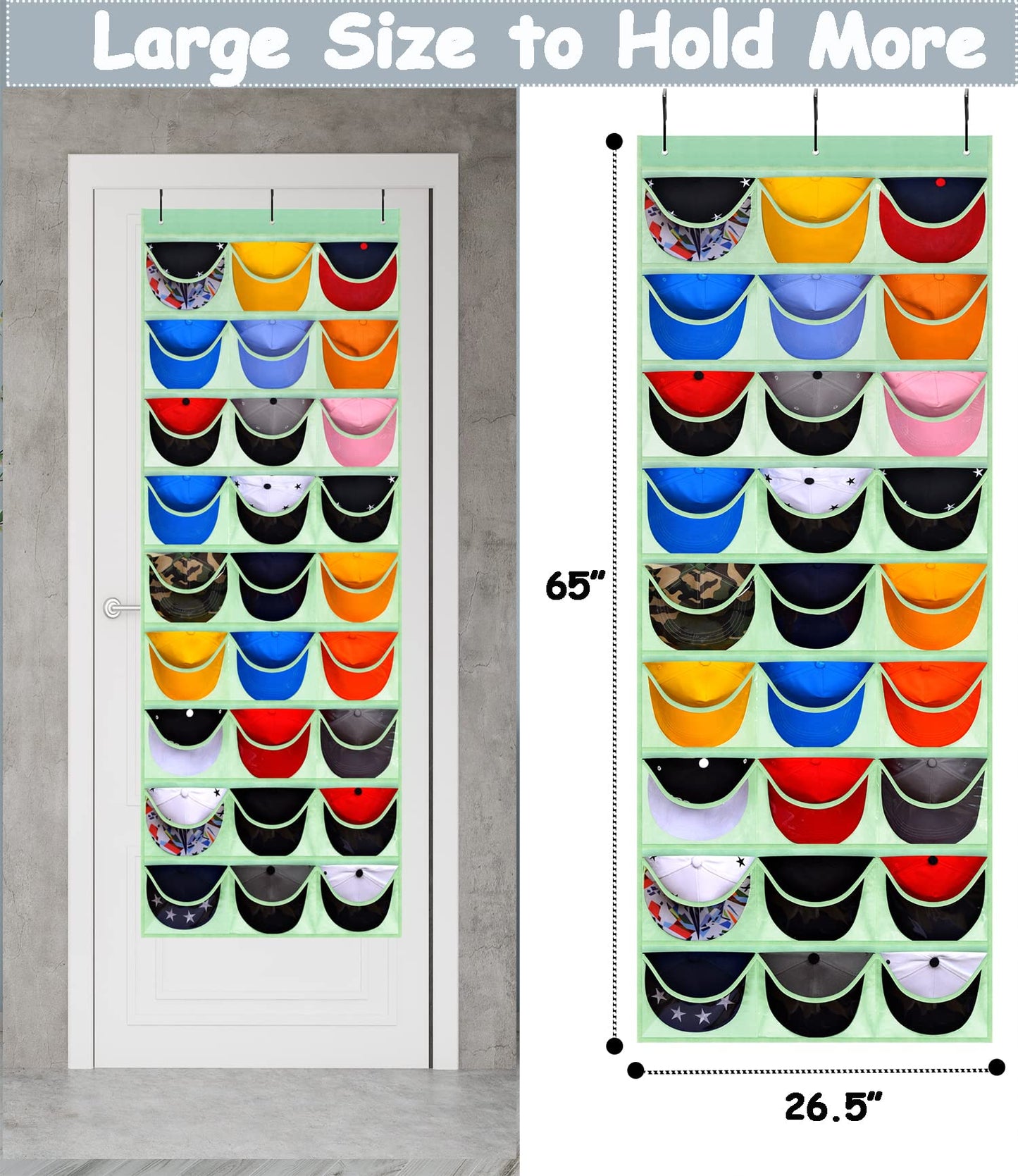 KHIKILY Baseball Hat Rack, 24 Pocket Over-The-Door Cap Organizer with Clear Deep Pockets Wall Mount Bag for Baseball Caps and Hats (Black)