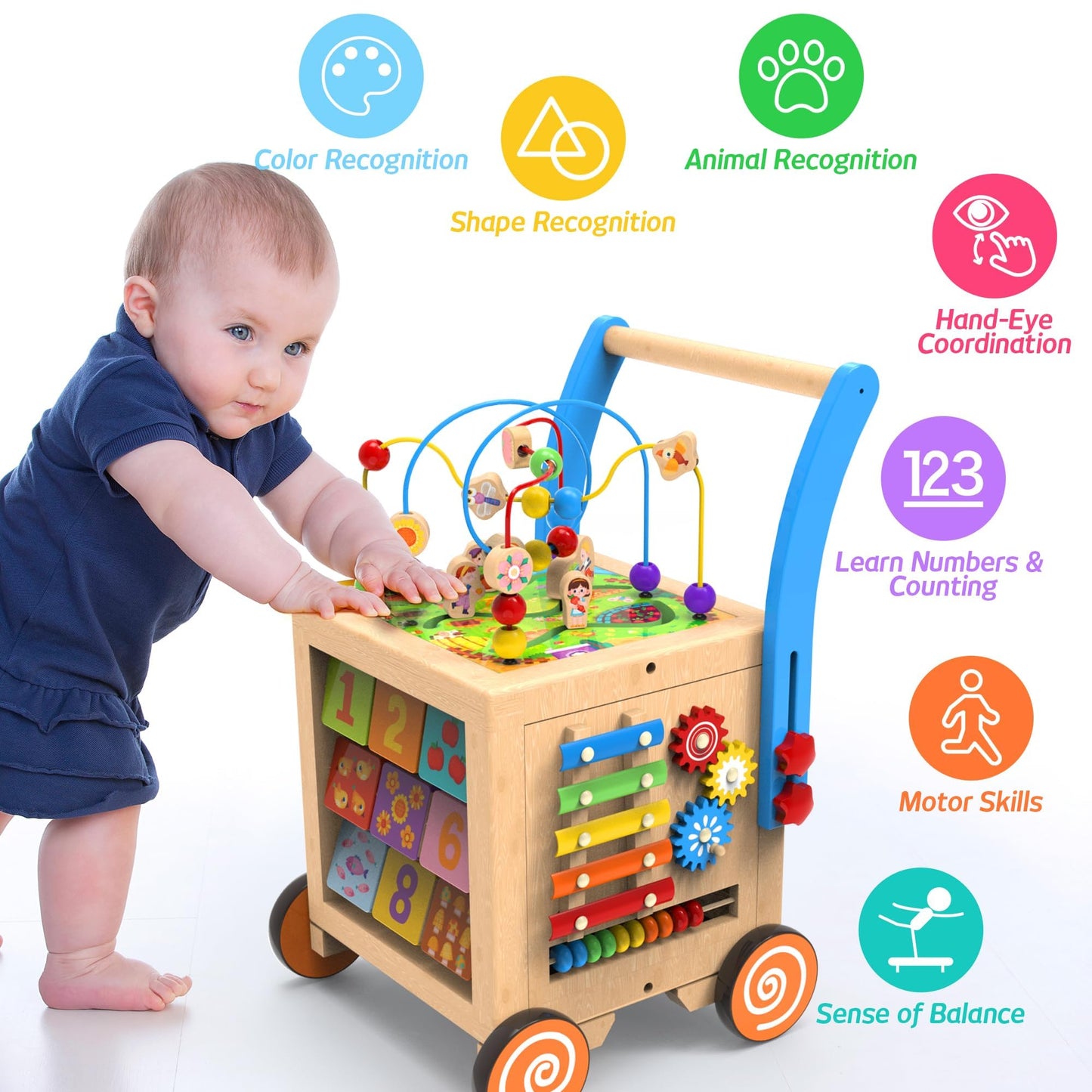 WOODMAM 9-in-1 Wooden Activity Cube | Wooden Baby Walker, Sit-to-Stand Learning Walker Activity Center, Early Educational Push & Pull Toys for Baby Toddler Boys Girls, Height & Brake Adjustable