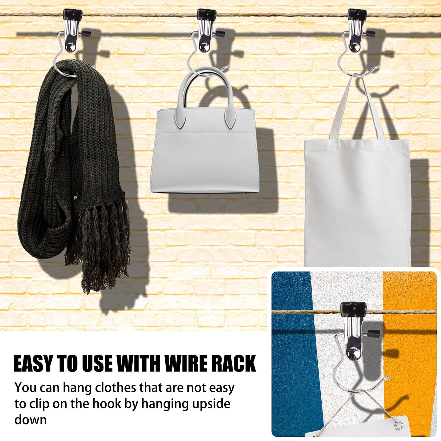 12PCS Laundry Hanging Hooks with Clips Boot Hanger Heavy Duty Clothes Pins, Portable Metal Drying Clip for Bras, Socks, Towels, Underwear