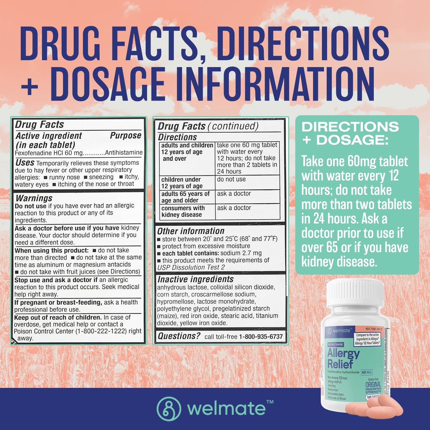 WELMATE Allergy Relief | Fexofenadine HCl 60 mg Non-Drowsy Antihistamine | 100 Count Tablets | 12 Hour All Day Support