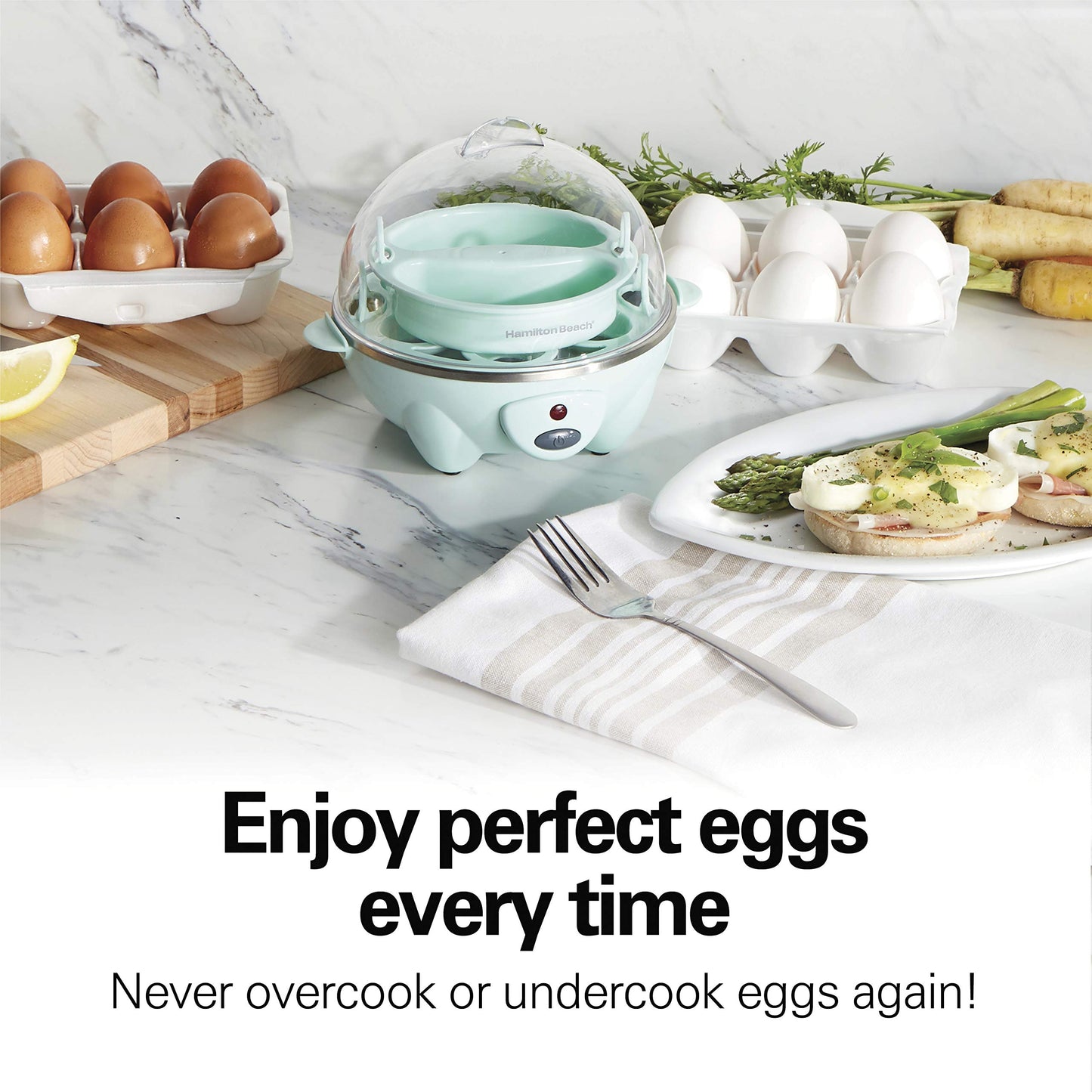 Hamilton Beach 3-in-1 Electric Egg Cooker for Hard Boiled Eggs, Poacher Eggs, Omelet Maker & Vegetable Steamer, Holds 7, Mint (25504)