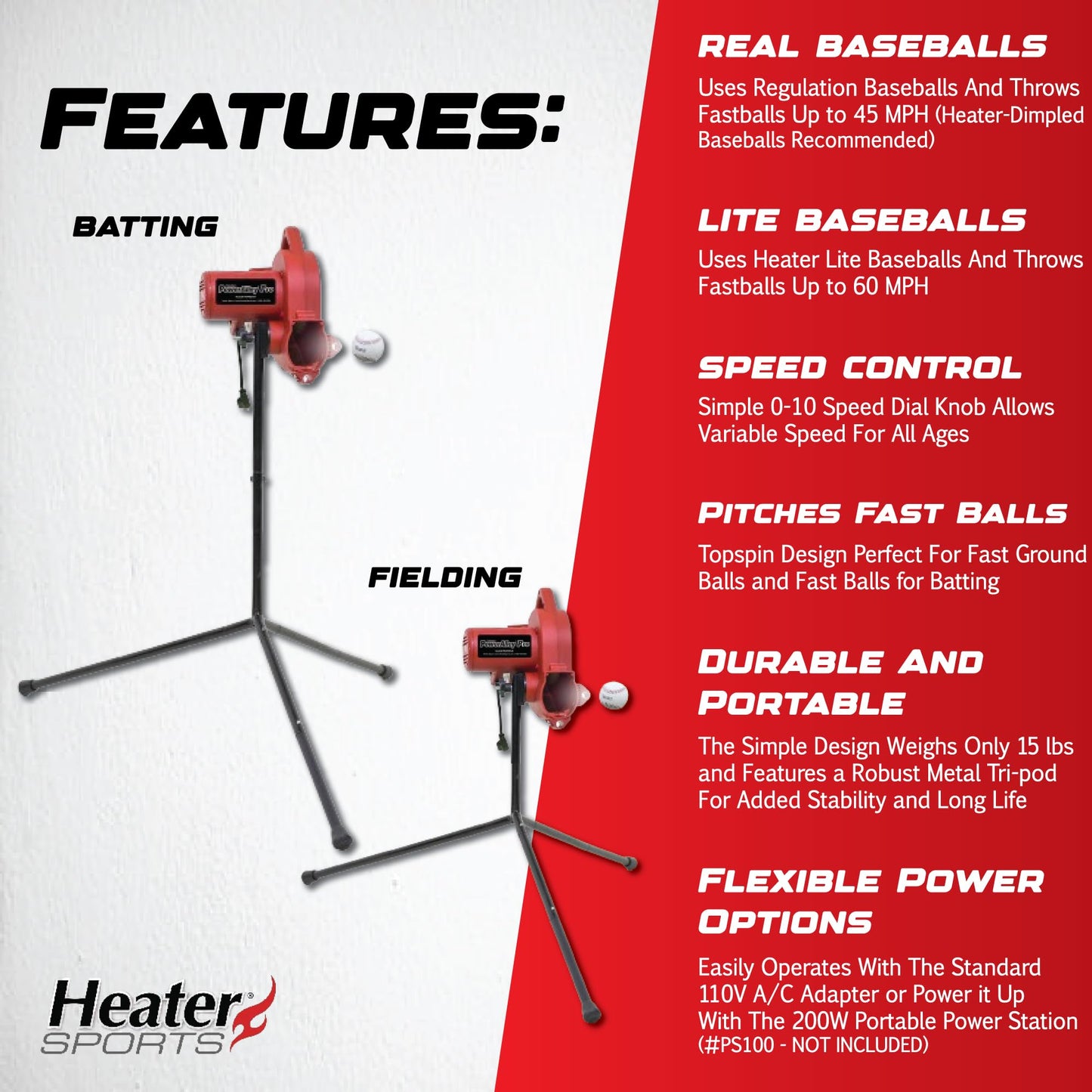 Heater Power Alley Pro Real Baseball Machine - Adjustable Design, Pitches Real Baseballs Up to 45 MPH, Accurate and Portable Training Tool for Batting, Pitching, and Field Practice