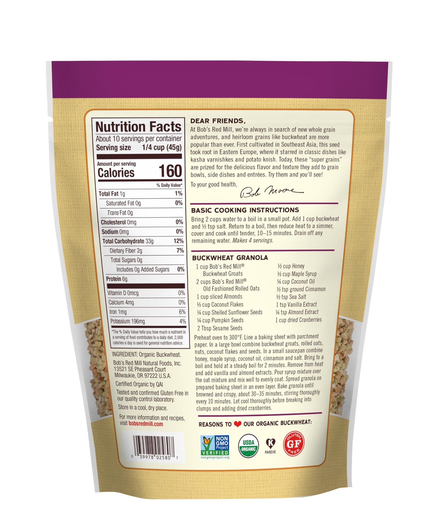 Bob's Red Mill Organic Gluten Free Buckwheat Groats, 16 oz (Pack of 1) - Organic, Gluten Free, Non-GMO, Vegan, Whole Grain, Kosher