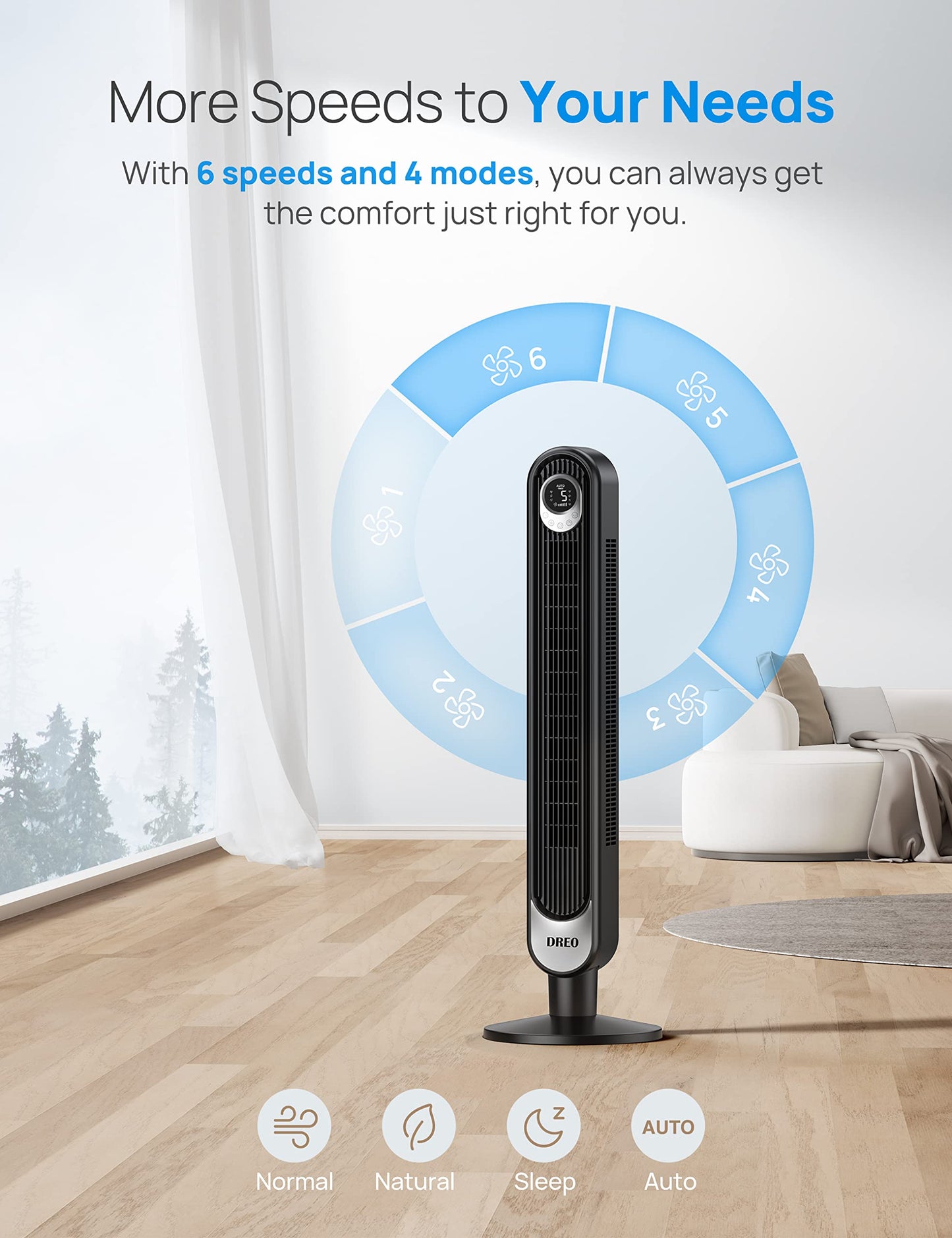 Dreo Smart Tower Fan WiFi Voice Control, Works with Alexa/Google, Cruiser Pro T1S Floor Standing Bladeless Oscillating Fan with Remote, 6 Speeds, 4 Modes, 12H Timer, for Indoor Bedroom Home Office