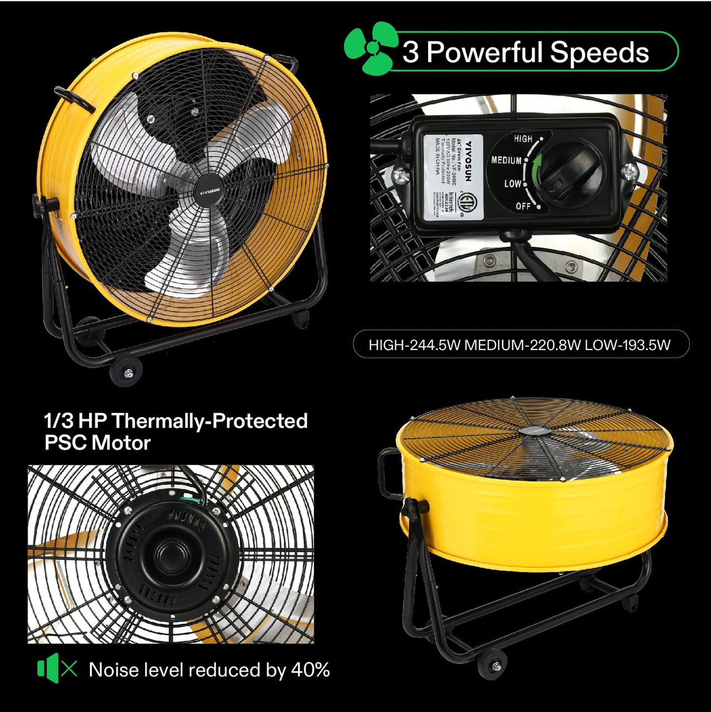 VIVOSUN Industrial Tilt Drum Fan 24” 8540CFM Heavy Duty High Velocity Floor Standing Fan 3 Speed Air Circulation for Basement Warehouse Factory, ETL Certified