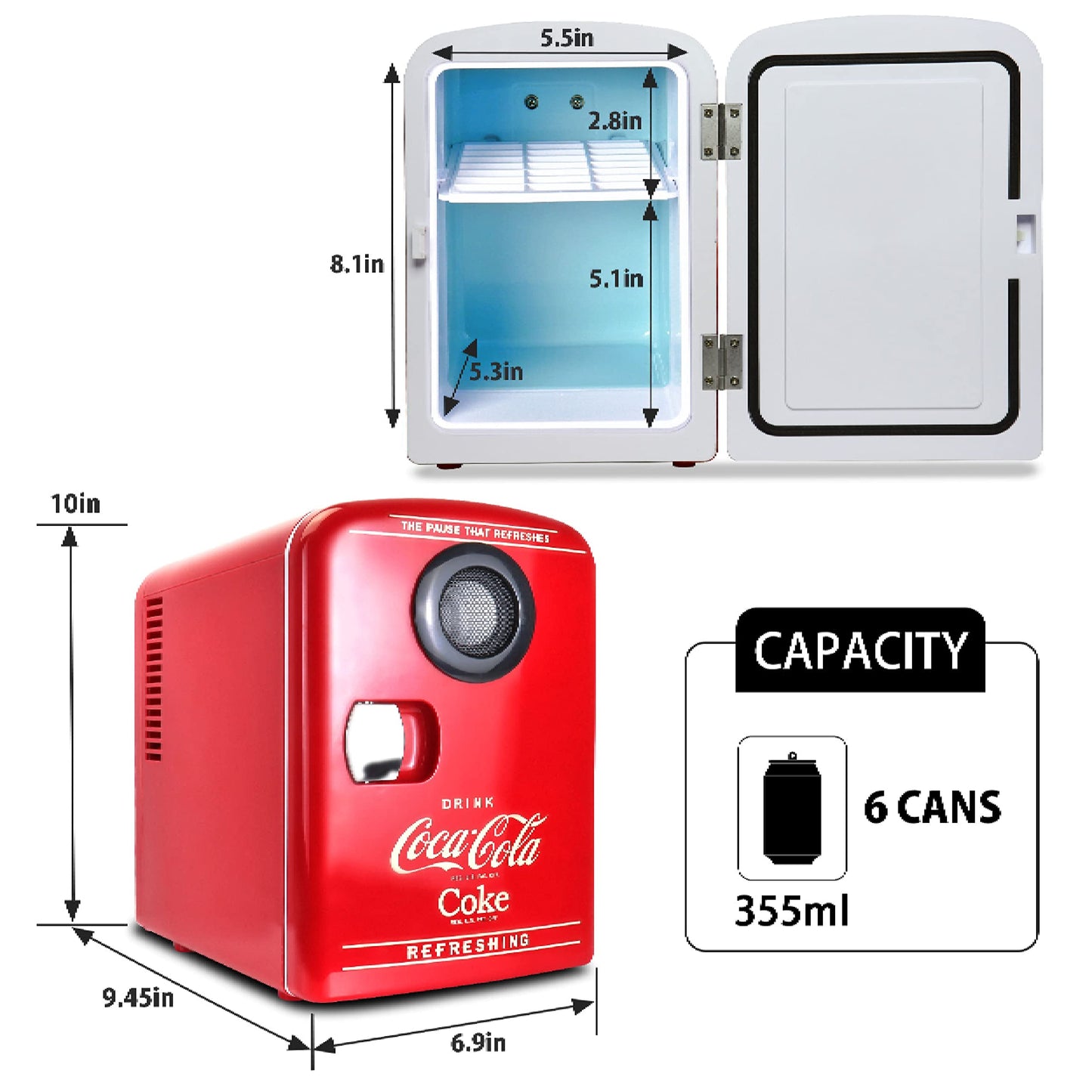 Coca Cola Mini Fridge for Bedroom Skincare Cosmatic Office 4L Small Refrigerator Bluetooth Speaker Fridge Dorm Fridge Portable Mini Refrigerator Snacks Drinks Makeup and Music Red