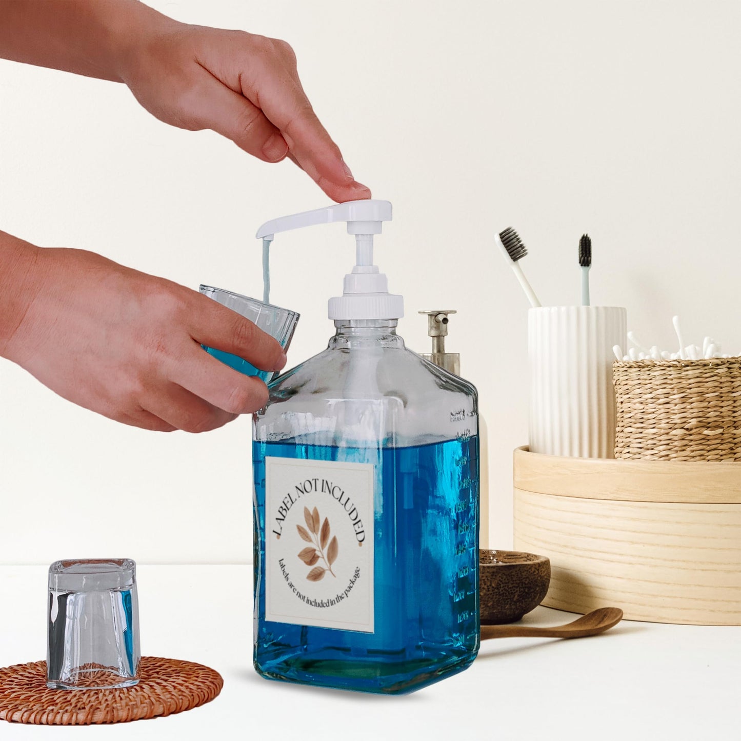 eBun 37oz Glass Mouthwash Pump Dispenser for Kids - Dish Soap Dispenser for Kitchen, Bathroom Hand Soap Dispenser Set, Guest Bathroom Essentials, Mouthwash Decorative Bottle with Cup Holder, White