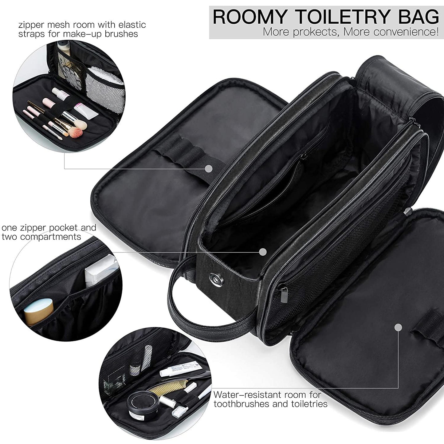 Elviros Toiletry Bag for Men, Large Travel Shaving Dopp Kit Water-resistant Bathroom Toiletries Organizer PU Leather Cosmetic Bags