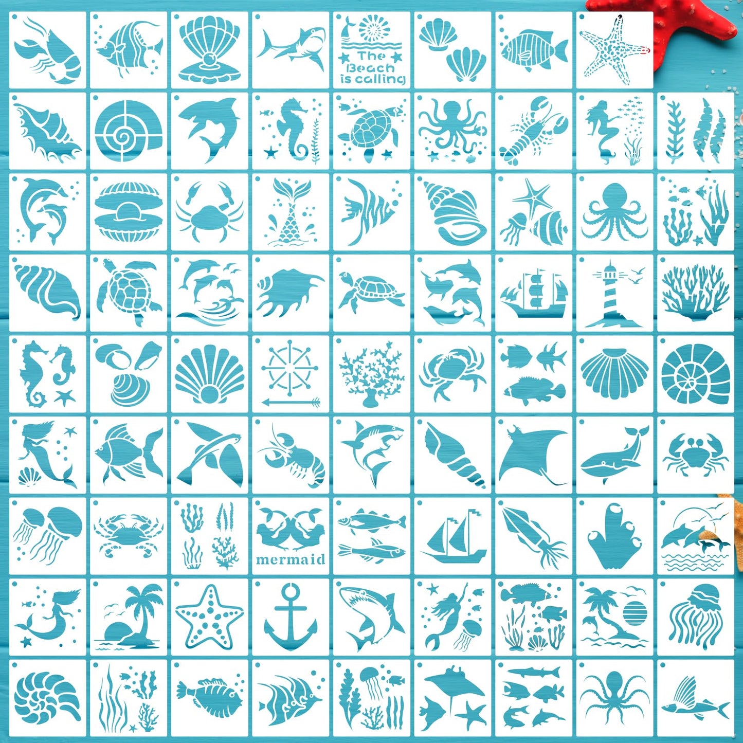 DZXCYZ 80 Pcs 3 x 3 Inch Stencils for Painting on Wood, Reusable Sea Ocean Creatures Stencils Mermaid Stencils Dolphin Shark Plastic Stencils DIY Craft Template Paint Stencils Set for Wall Home Decor