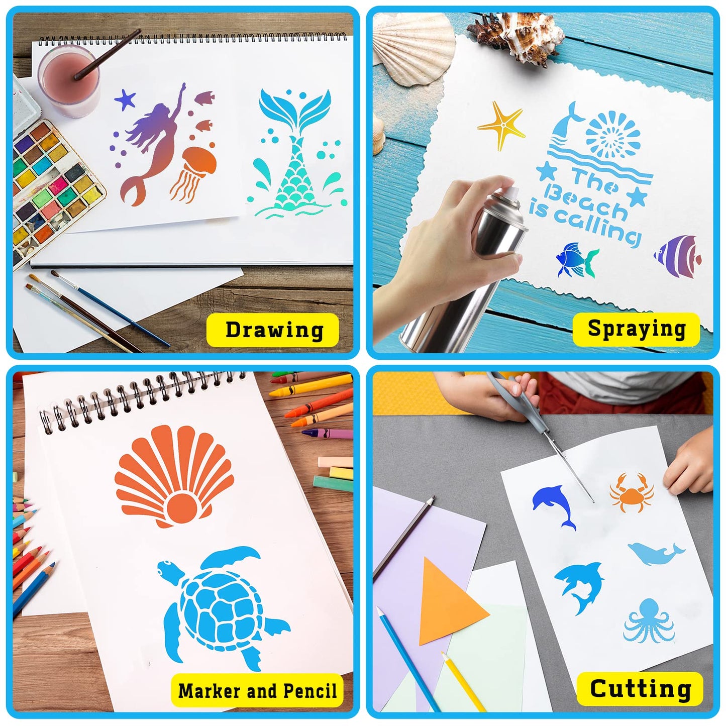 DZXCYZ 80 Pcs 3 x 3 Inch Stencils for Painting on Wood, Reusable Sea Ocean Creatures Stencils Mermaid Stencils Dolphin Shark Plastic Stencils DIY Craft Template Paint Stencils Set for Wall Home Decor